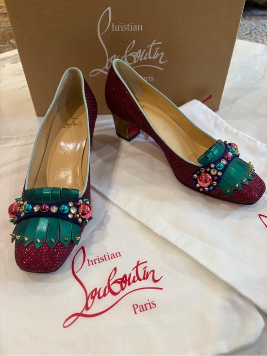 Christian Louboutin Shoes - Christian Louboutin Red Glitter Pumps with Teal and Multicolor Embellishment